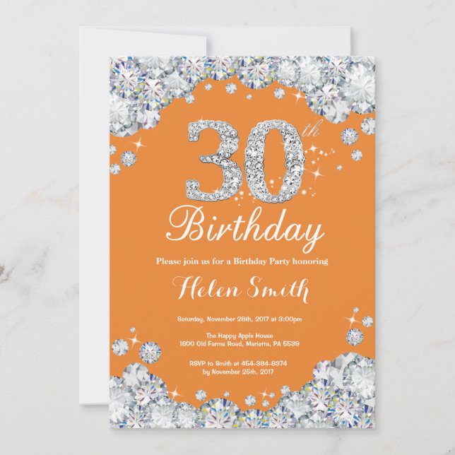 Invitación 30.º Naranja de cumpleaños y diamante plateado (Anverso)