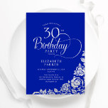 Invitación 30.º natalicio Elegante Rosas Royal Blue Silver<br><div class="desc">Sencilla y elegante invitación a la fiesta de cumpleaños número 30 en azul real y plata. Diseño elegante con rosas, Relieve metalizado falso plateado y tipo de letra de guión tipográfico. La carta de invitación a la moda es perfecta para una elegante celebración de cumpleaños femenina. Personaliza con tus propios...</div>