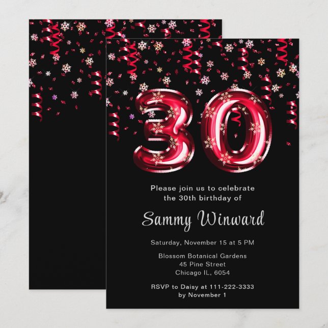 Invitación 30.º natalicio Globos Rojos Snowflake Confetti (Anverso / Reverso)