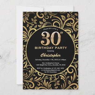 Invitación 30.º natalicio Patrón floral de oro y negro