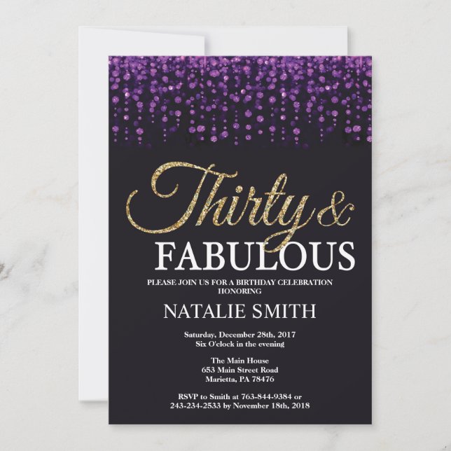 Invitación 30.º Purpurina de cumpleaños Morado y Oro (Anverso)