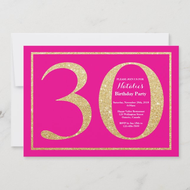 Invitación 30.º Purpurina de oro y rosado caliente (Anverso)