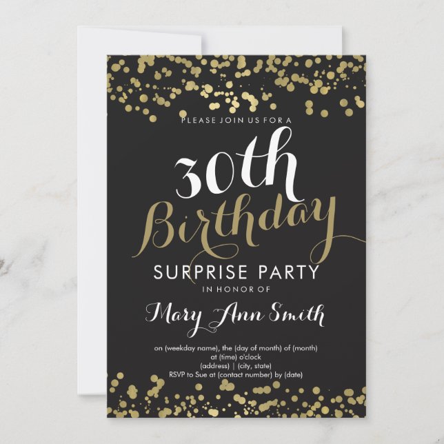 Invitación 30.º Relieve metalizado dorado de cumpleaños sorpr (Anverso)