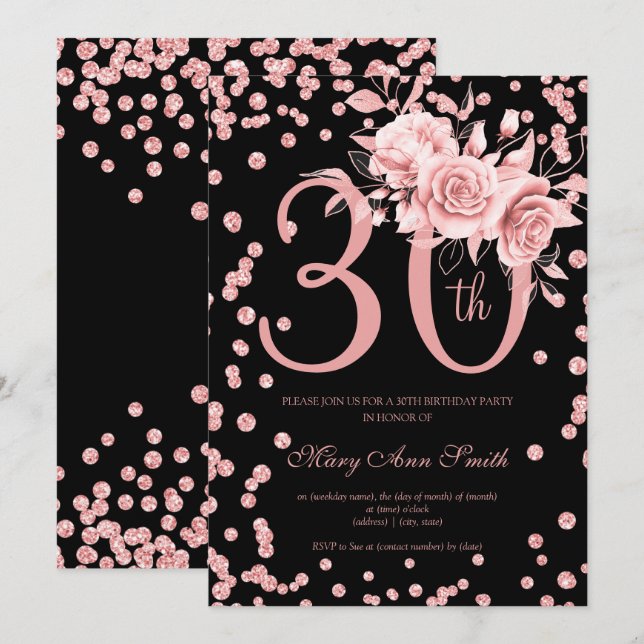 Invitación 30.º Rosa de cumpleaños Dorado Floral y Confetti N (Anverso / Reverso)