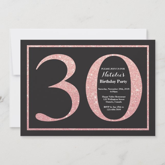 Invitación 30.º Rosa de cumpleaños Purpurina de oro rosado (Anverso)