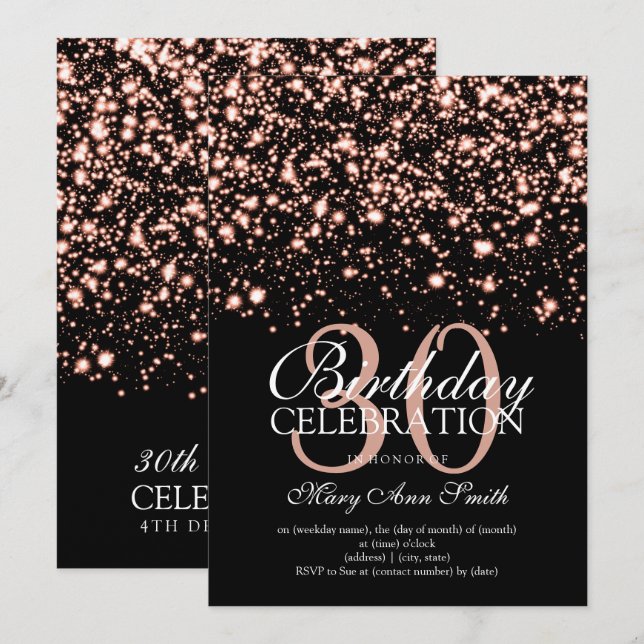 Invitación 30.º Rosa de Fiesta de cumpleaños Gold Midnight Gl (Anverso / Reverso)