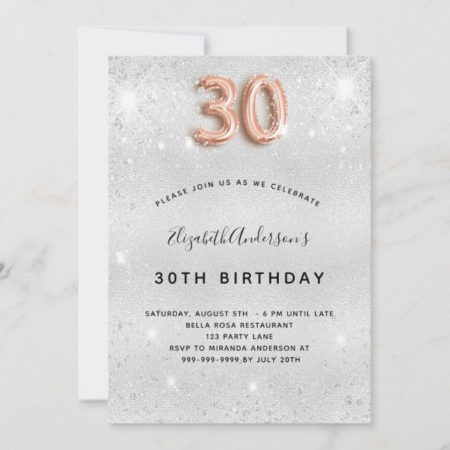 Invitación 30.º rosa de plata purpurina de oro glamoroso (Anverso)