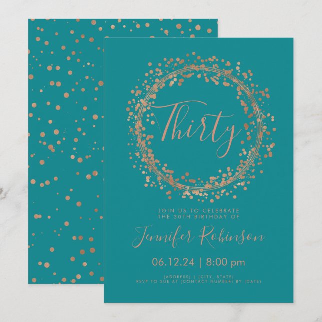 Invitación 30.º Rosa  Fiesta de cumpleaños Confetti Verde azu (Anverso / Reverso)