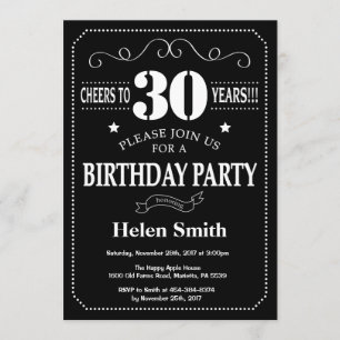 Invitación 30.º tablero negro y blanco de cumpleaños