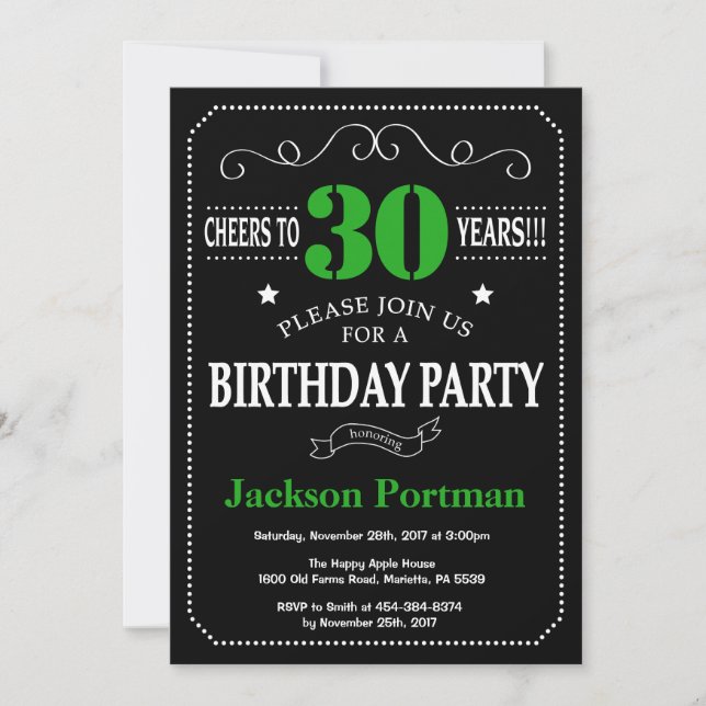 Invitación 30.º tablero negro y verde de cumpleaños (Anverso)
