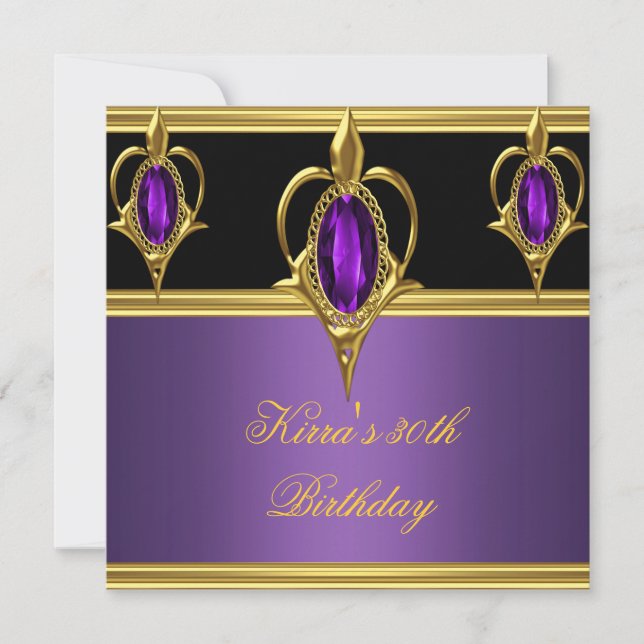 Invitación 30 30.º elegante cumpleaños Gema púrpura Oro negro (Anverso)