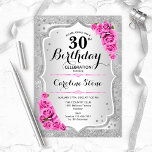 Invitación 30 Aniversario - Bandas Plateadas Rosas Rosadas<br><div class="desc">30.ª Invitación de cumpleaños. Elegante diseño floral en plata y rosa. Presenta rayas de plata purpurina falsas,  letra de guión elegante rosa y confeti. Perfecto para una fiesta de cumpleaños glam.</div>
