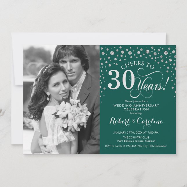Invitación 30° aniversario Boda con foto - Plata verde (Anverso)