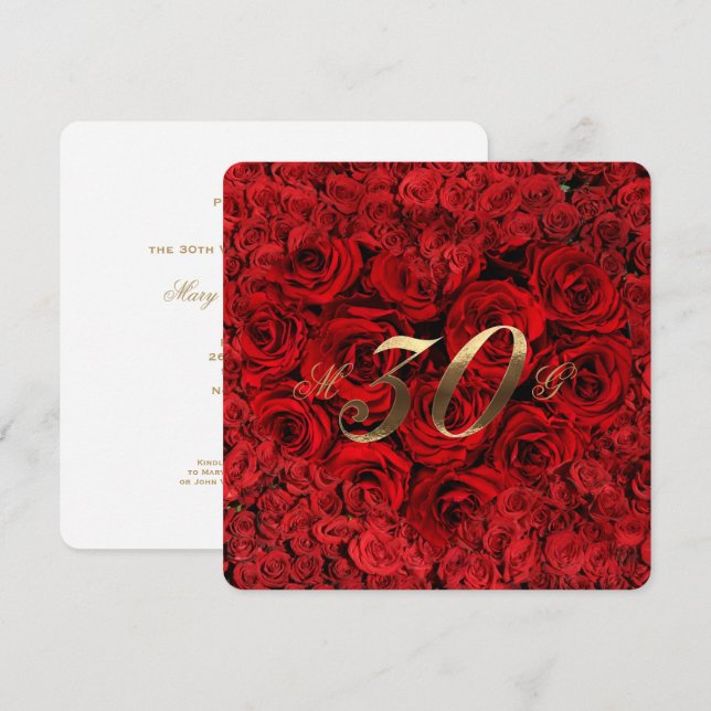 Invitación 30° Aniversario Boda Roses Rojos Corazón elegante  (Anverso / Reverso)