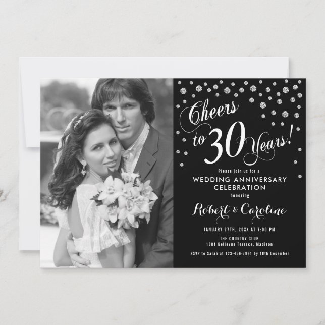 Invitación 30° aniversario con foto - Negro blanco plateado (Anverso)