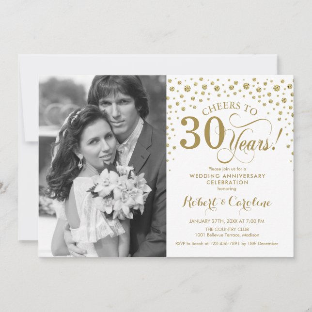 Invitación 30 Aniversario de Boda con Foto - Oro Blanco (Anverso)
