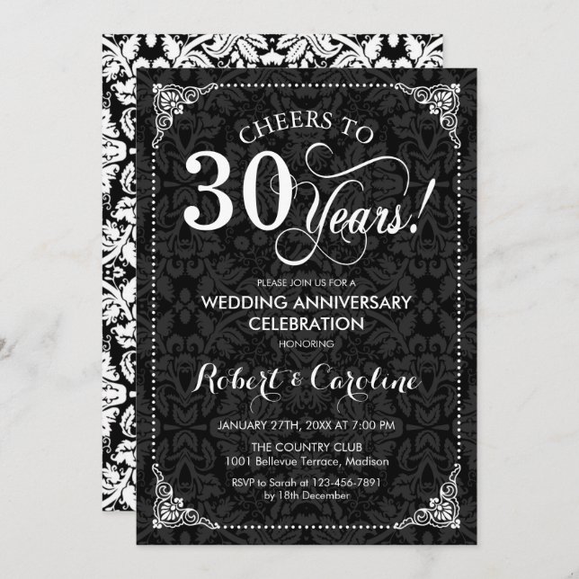 Invitación 30 Aniversario de Boda - Damask Blanco Negro (Anverso / Reverso)
