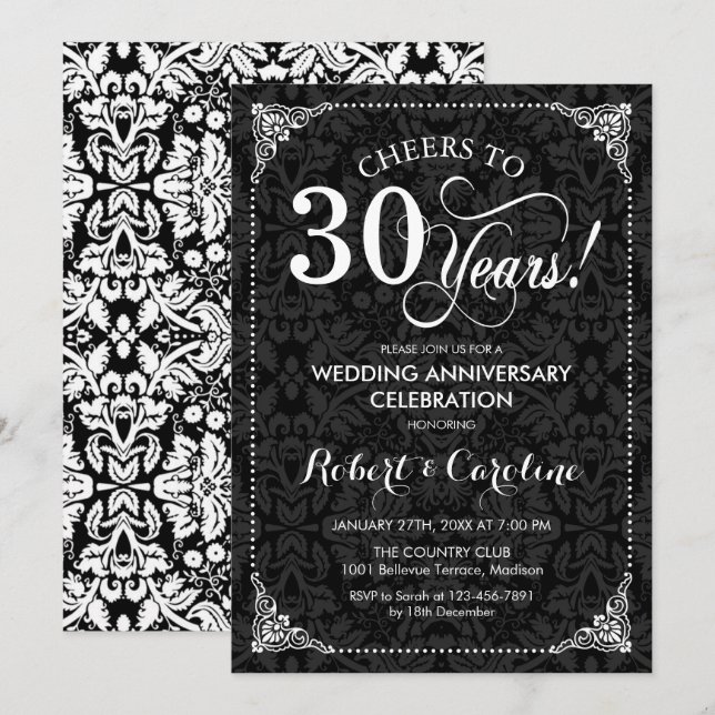 Invitación 30 Aniversario de Boda - Damask Negro Blanco (Anverso / Reverso)