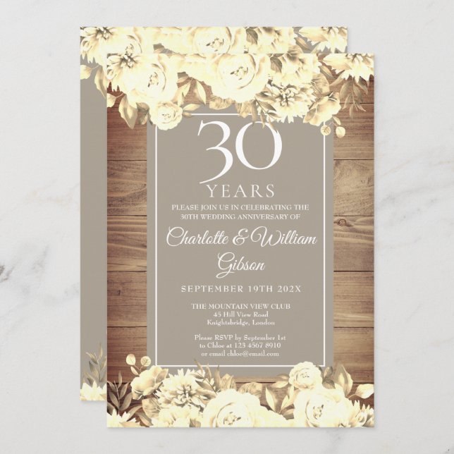 Invitación 30 Aniversario de Boda Rosas Rústicas (Anverso / Reverso)