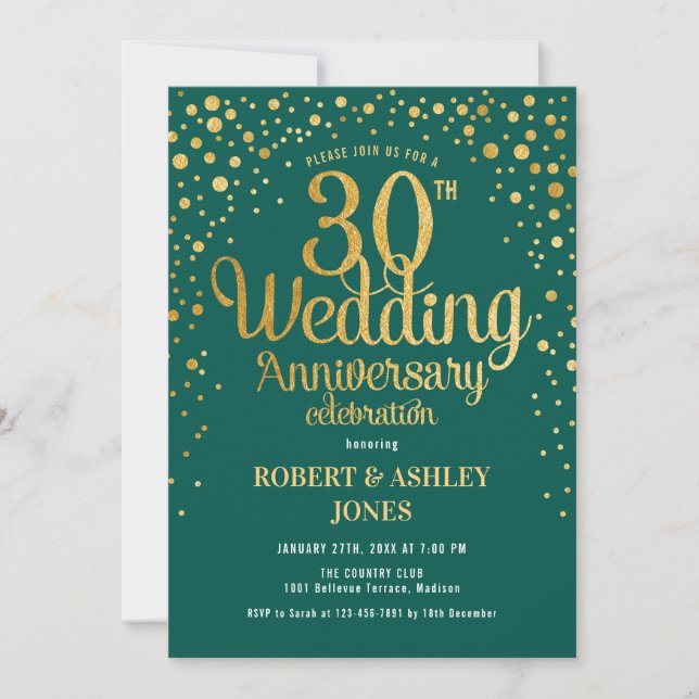 Invitación 30° Aniversario del Boda - Verde Esmeralda y Oro (Anverso)