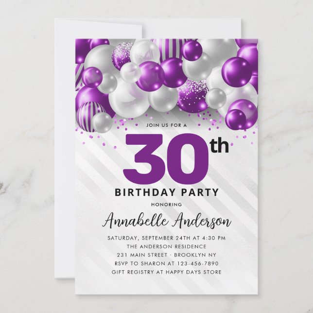 Invitación 30 Aniversario del Purpurina del Globo Plata Viole (Anverso)
