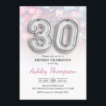 Invitación 30 Aniversario - Luces rosadas de globos plateados<br><div class="desc">30.ª invitación a la fiesta de cumpleaños. Elegante diseño en una falsa plata purpurina con luces rosa pastel y violeta. La tarjeta de invitación incluye el número de plata 30 globos y el tipo de letra del guión. Perfecto para una elegante celebración de los 30 días. Mándame un mensaje si...</div>