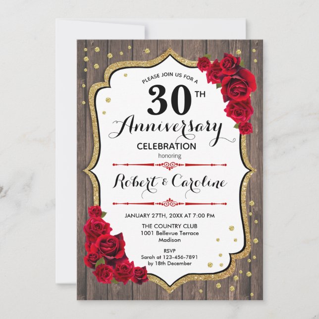 Invitación 30 Aniversario - Madera Rústica Oro Roj (Anverso)