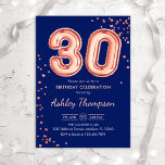 Invitación 30 Aniversario - Rosa de la Marina de los Globos d<br><div class="desc">30.ª invitación a la fiesta de cumpleaños. Elegante diseño en falso oro rosa purpurina y azul marino. Características de la tarjeta de invitación Número de oro subió 30 globos y tipo de letra del guión. Perfecto para una elegante celebración de cumpleaños. Mándame un mensaje si necesitas edad personalizado.</div>