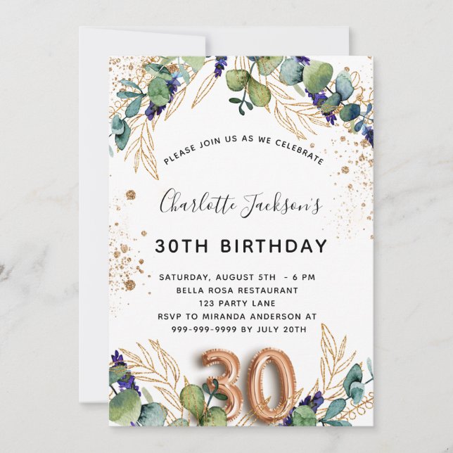 Invitación 30 años eucalipto verde purpurina elegante (Anverso)