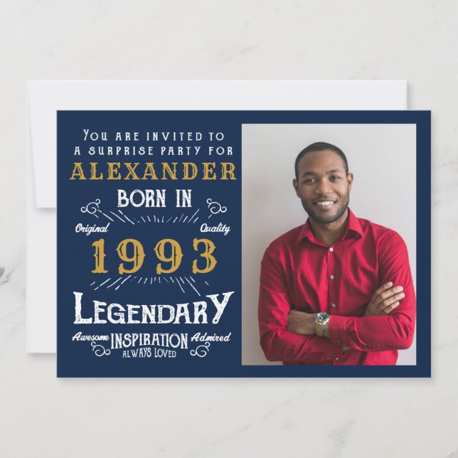 Invitación 30 cumpleaños 1993 Leyenda oro azul retro (Anverso)