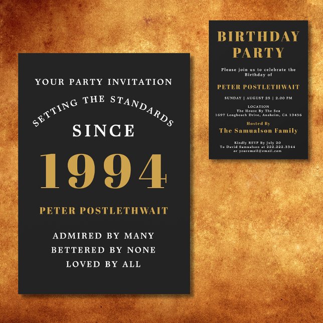 Invitación 30 cumpleaños 1994 Moda elegante de oro negro (Black and gold 30th birthday invitation for those born in 1994.)