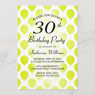 Invitación 30° cumpleaños de los globos modernos Lime Green