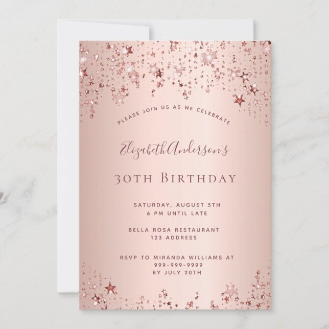 Invitación 30 cumpleaños fiesta estrellas de oro rosa rociar (Anverso)