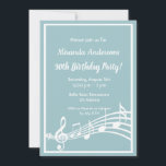 Invitación 30 cumpleaños fiesta notas de música azul verde az<br><div class="desc">¡Vamos fiesta y bailemos! Carta de invitación a la fiesta de cumpleaños número 30,  moderna y de moda. fondo verde azulado de color azul claro,  con un marco blanco y notas musicales,  letras blancas. Plantillas para la información de su fiesta. Atrás: notas musicales.</div>
