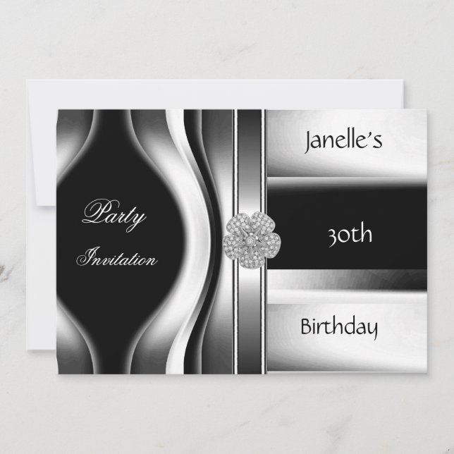 Invitación 30 cumpleaños Fiesta Plata Negro (Anverso)