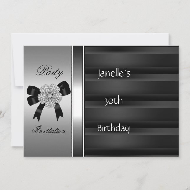 Invitación 30 cumpleaños fiesta plata negro (Anverso)
