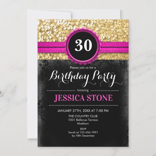 Invitación 30 cumpleaños - Oro negro rosado caliente - CUALQU (Anverso)