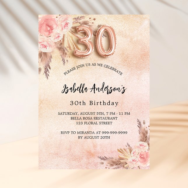 Invitación 30 cumpleaños pampas rosa flor de oro (Subido por el creador)