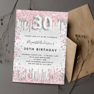 Invitación 30 cumpleaños purpurina rosa plata gotea lujo