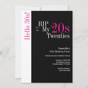Invitación 30 cumpleaños RIP 20s Hola 30s Fiesta Black Pink