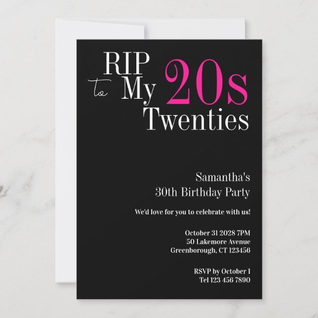 Invitación 30 cumpleaños RIP Fiesta negra y rosa 20 (Anverso)
