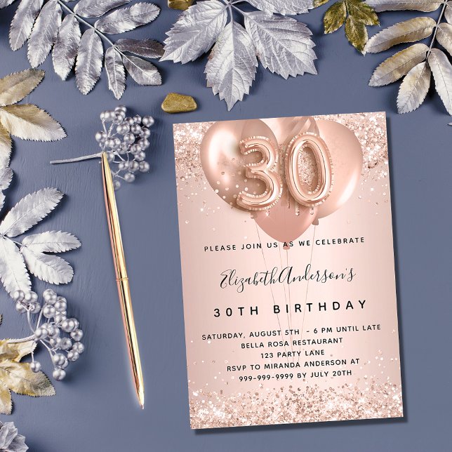 Invitación 30 cumpleaños rosa globos de lujo dorado (Subido por el creador)