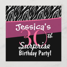 Invitación 30° cumpleaños sorpresa negro color rosa cebra X30