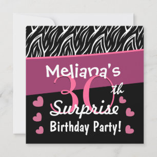Invitación 30° cumpleaños sorpresa negro rosa oscuro cebra B0