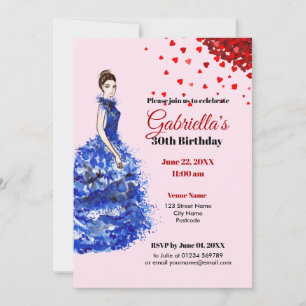 Invitación 30 cumpleaños vestido azul brillante Co
