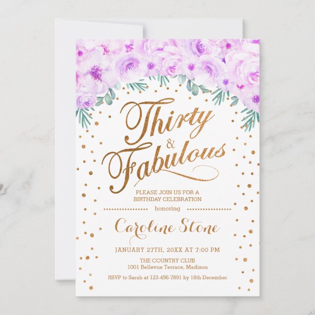 Invitación 30 Fabulosa fiesta de cumpleaños - Púrpura de oro  (Anverso)