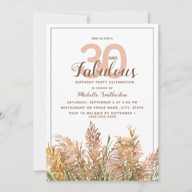 Invitación 30 Fabuloso Pasto de Pampas en Cumpleaños Blanco (Anverso)