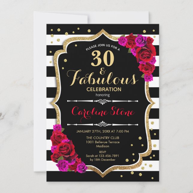 Invitación 30 fabulosos cumpleaños - Rosas de franjas blancas (Anverso)