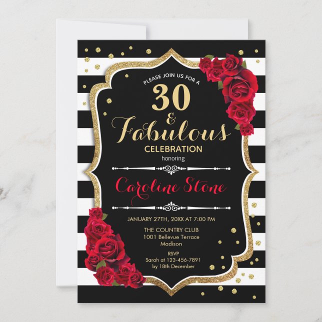Invitación 30 fabulosos cumpleaños - Rosas franjas blancas ne (Anverso)