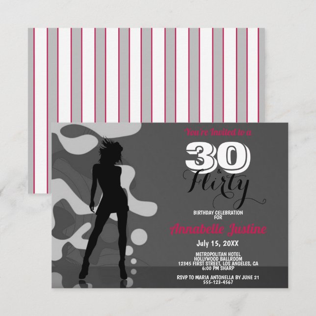 Invitación 30 & FLIRTY Moderno 30 cumpleaños Hot Pink Stylish (Anverso / Reverso)